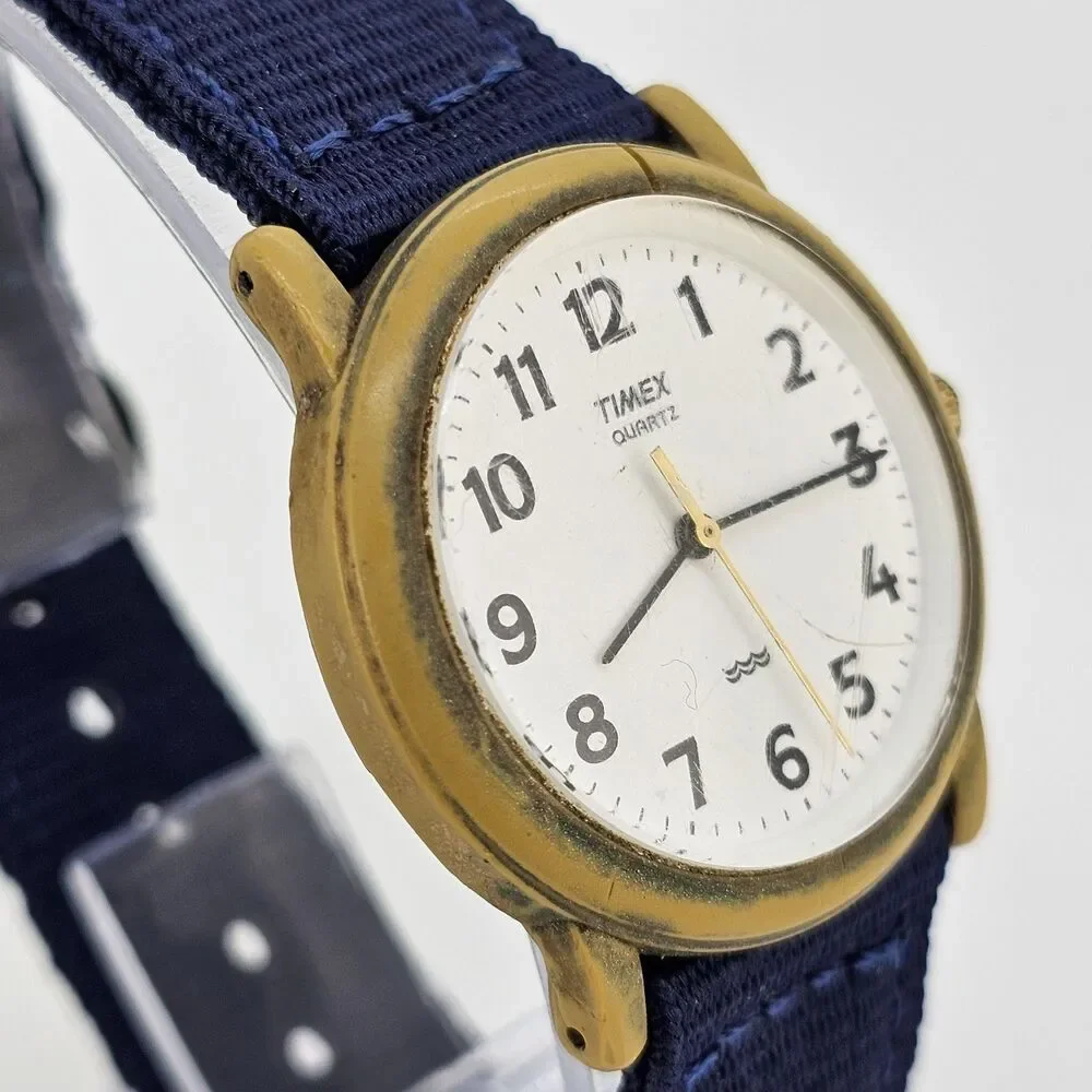 VTG Timex Easy Read Men Watch 34MM White Dial New Blue Canvas Bands New‎ Battery